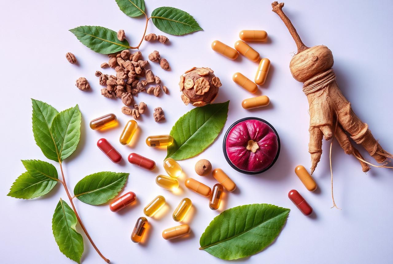 Natural herbal ingredients used in NexBurn: maca root, ginseng, tribulus and capsules